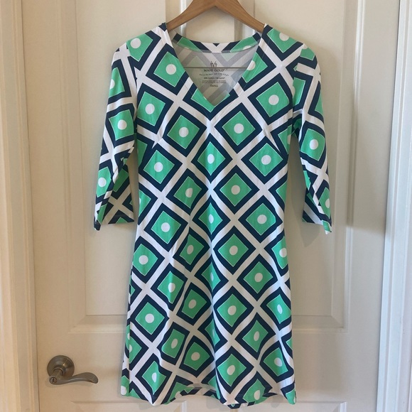 MAHI GOLD Dresses & Skirts - CAPE PERFECTION mahi gold Navy Blue and Green Dress stretch cotton size Small